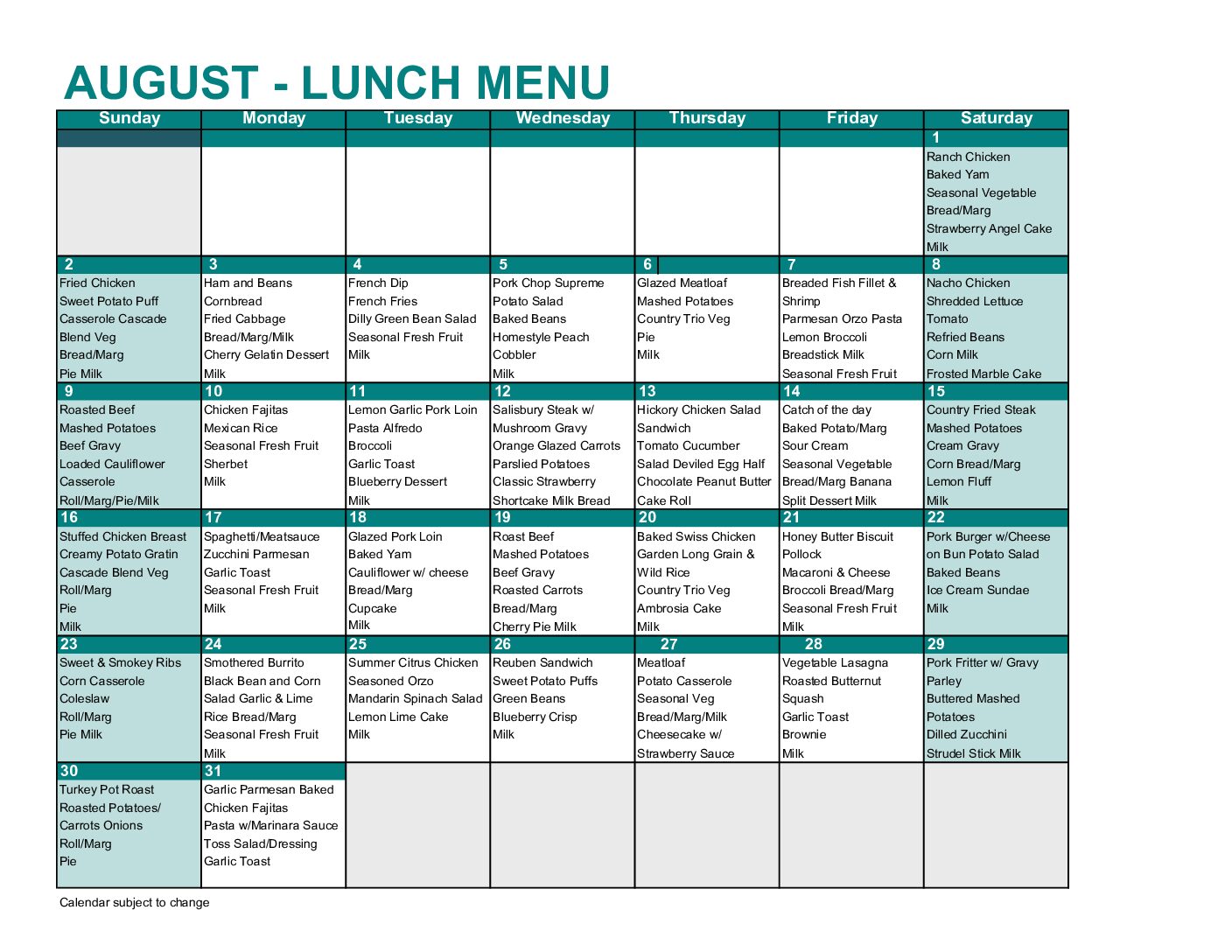 July Lunch Menu