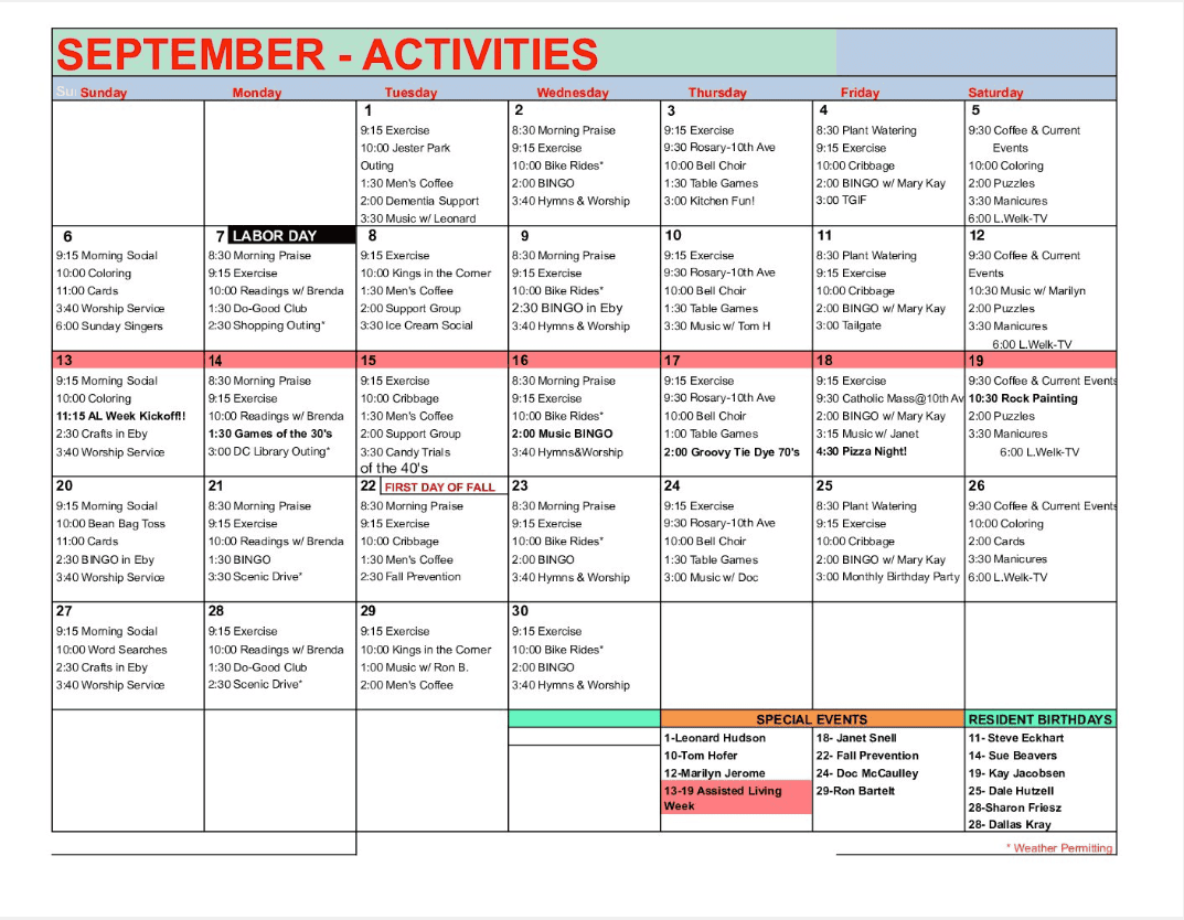 July Activities-General Assisted Living