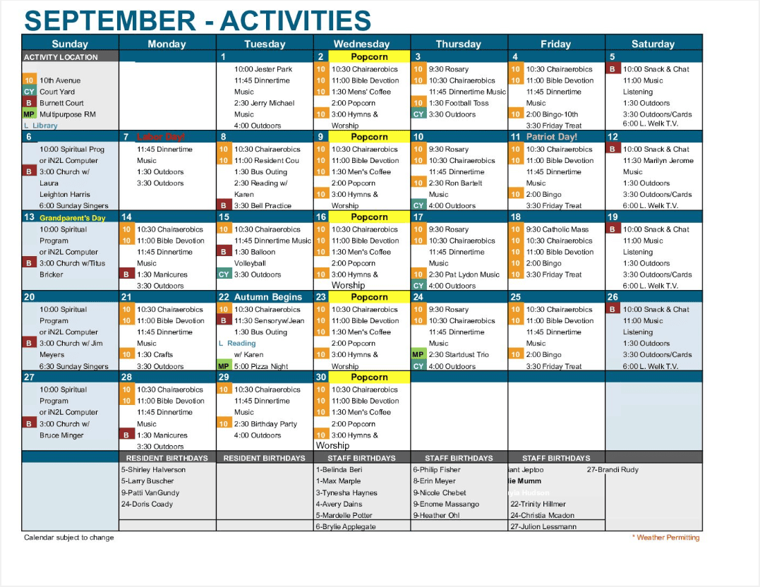 July Activities - Campus Wide-Memory Care - Nursing - Eby Court
