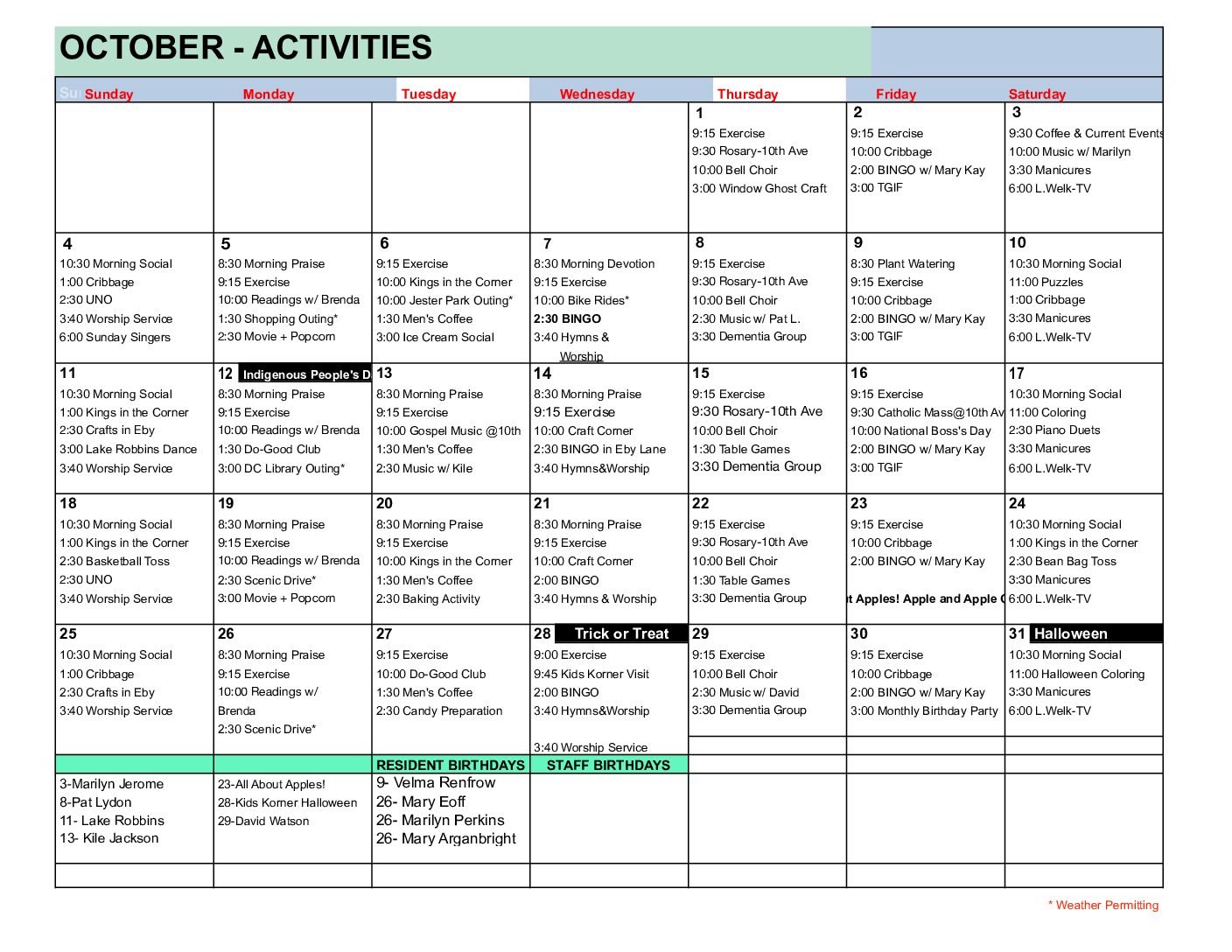 Assisted Living and Memory Care Activity Calendar