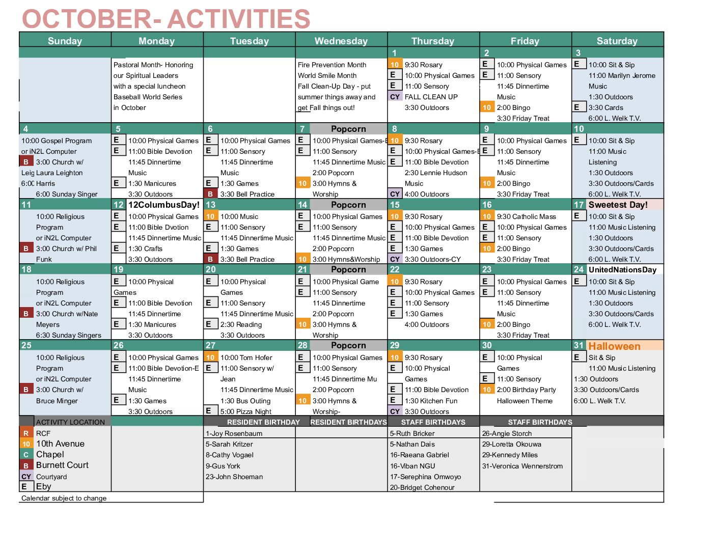 Eby Court Activity Calendar